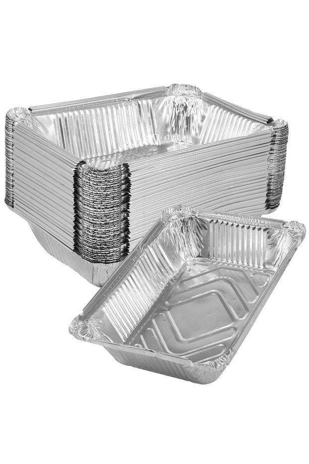 silver 50pcs 50 Pcs Tin Foil Tray Aluminum Foil Trays Reusable Foil Baking Pans Disposable Food Cont