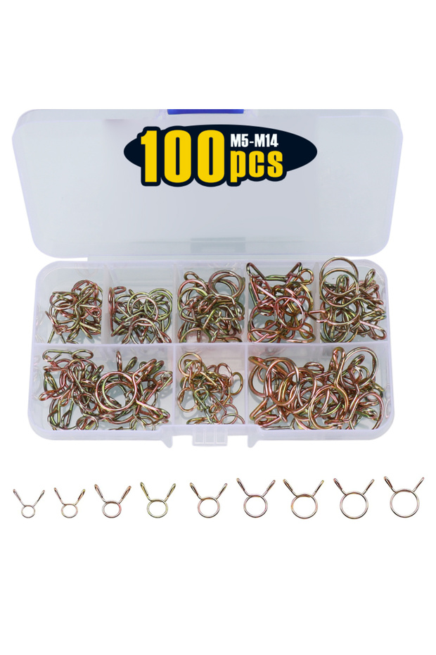 100 pcs, Fuel Line Hose Water Pipe Air Tubing Spring Clips Clamps Assortment Kit - Size m5-m14mm