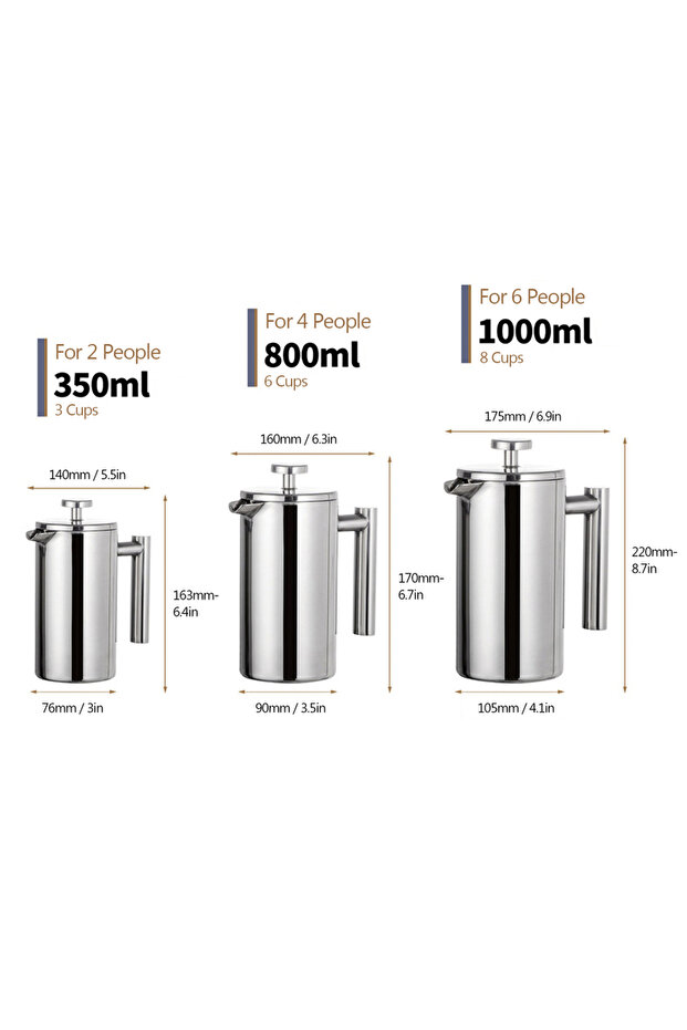 1000ml 350ml/800ml/1000ml French Press Coffee Maker Stainless Steel Double Walled Insulated Coffee M