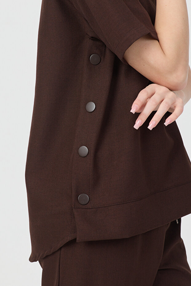 Brown Crew Neck Sofia Linen Top and Bottom Set - 5