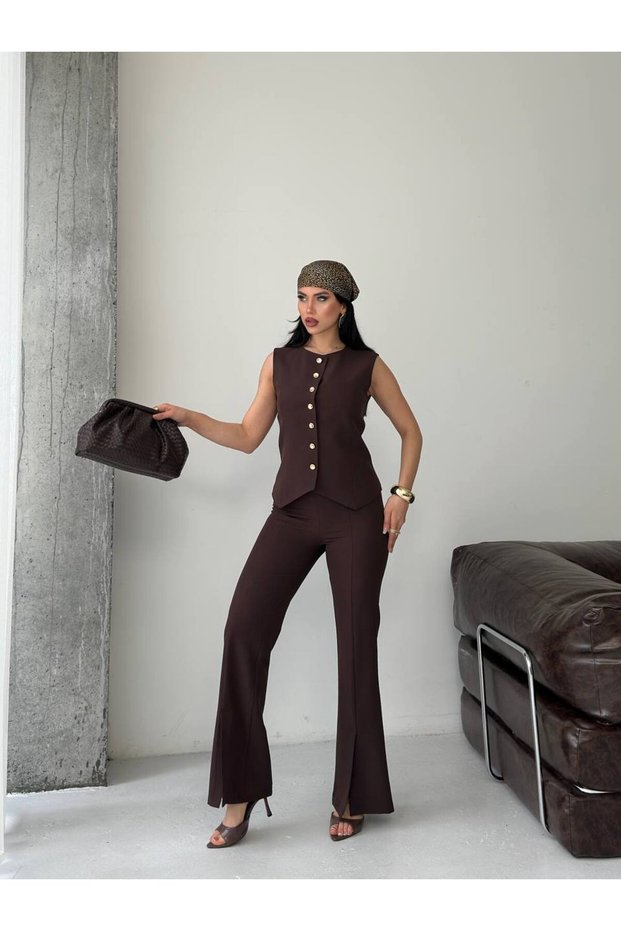 Women's Vest Trouser Suit Button Detail Stylish Two-Piece Suit Modern Office Casual Suit