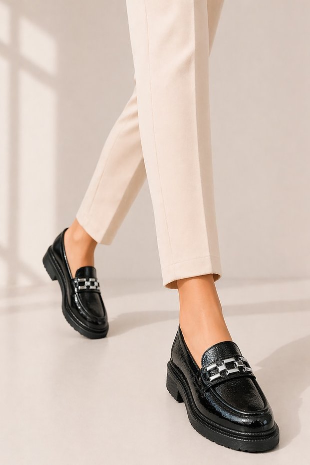 Çnr H46 Women's Black Patent Leather Buckle Casual Shoes
