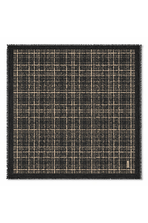 Women's Black Mink Plaid Patterned Coton India Cotton Cheesecloth Writing Hijab - Coton Scarf