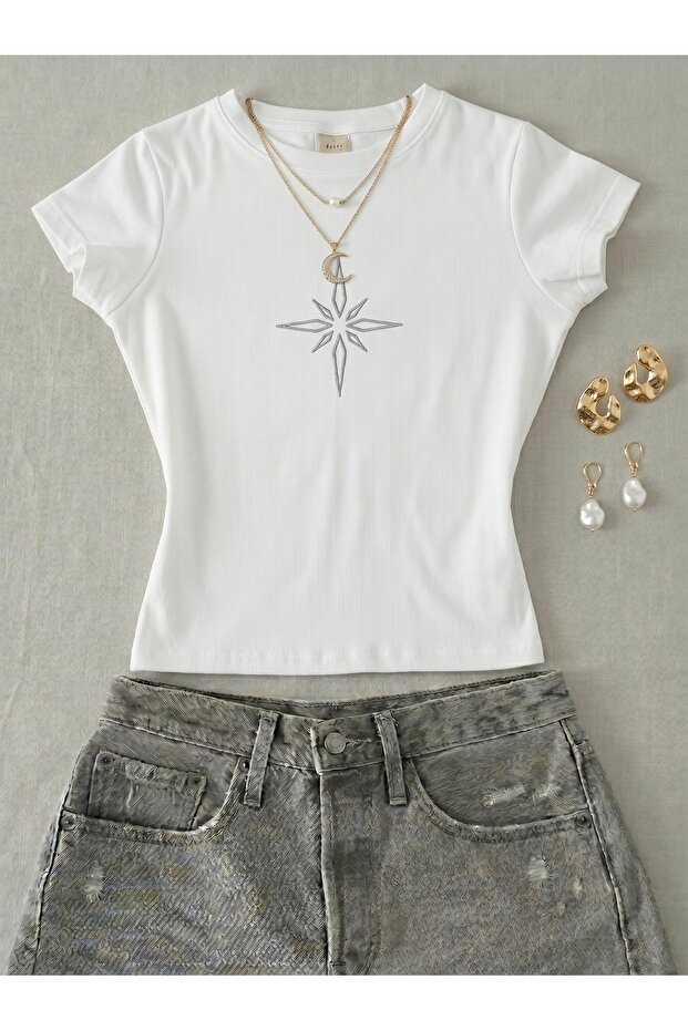 Women's Compass Written Stone Print - Lycra Short Sleeve Body Tee Crop