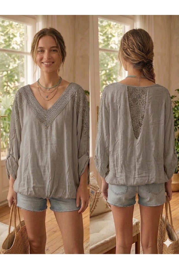 Women's Italian Mink Ethnic Collared Sequin Detailed Lace Silk Blouse
