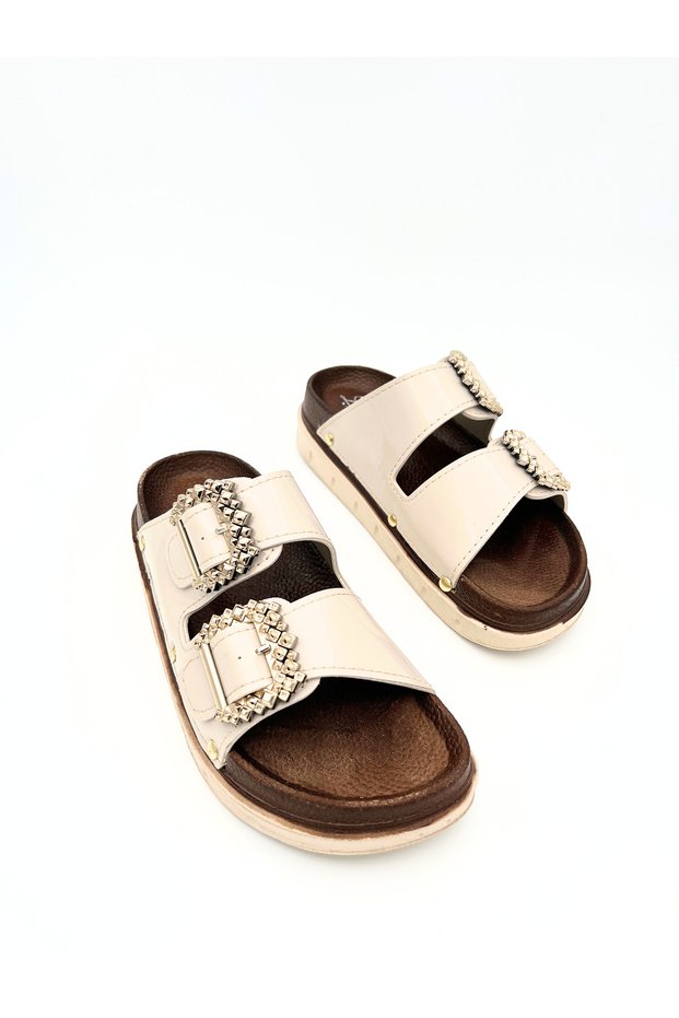 Women's Beige Patent Leather Double Buckle Stone Detailed Flat Comfortable Daily Slippers Vdz01012