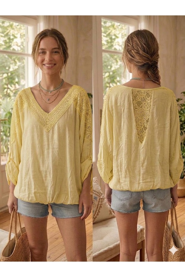 Women's Italian Yellow Ethnic Collared Sequin Detailed Lace Silk Blouse