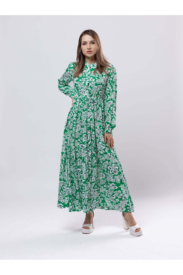 Cotton Green & White Long Sleeved Full Length Dress
