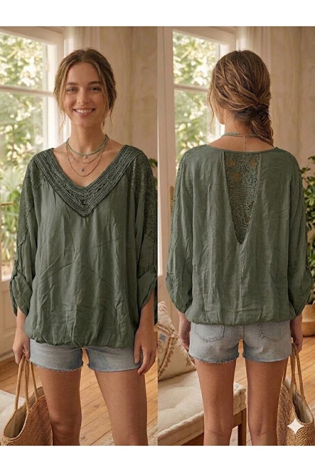 Women's Italian Khaki Ethnic Collared Sequin Detailed Lace Silk Blouse