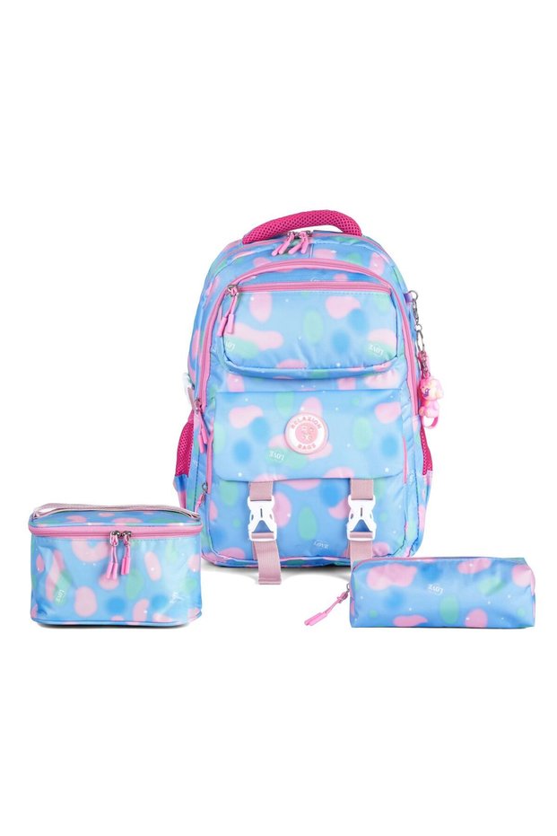 Set of 3 Primary School School Bag Backpack Set with Lunch Box and Pen Holder Blue-Pink 1910