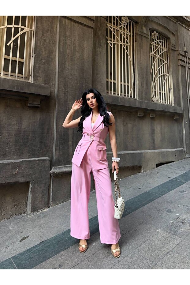 Women's Belt Detailed Vest and Trousers Set Double Breasted Collar Buttoned Stylish Two-Piece Set