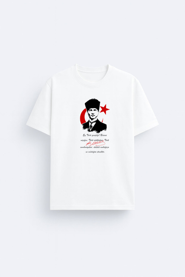 19 May Youth Day Atatürk Signature Printed Crew Neck White T-Shirt T-Shirt