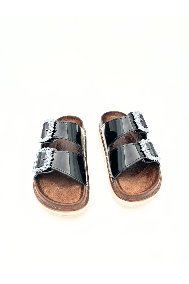 Women's Black Patent Leather Double Buckle Stone Detailed Flat Comfortable Daily Slippers Vdz01012