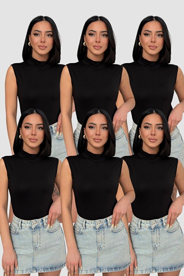 Women's Black 6-Piece Zero Sleeve Bodysuit Sleeveless Bodysuit High Neck Bodysuit Half Fishnet Bodysuit