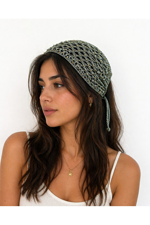 100% Cotton Sequined Hand Knitted Bandana – Boho Style Hair Accessory, Tie-On, Stylish Summer Model
