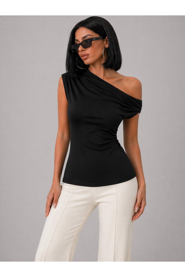 Women's Black Color One-Shoulder Draped Blouse Lycra Stylish Slim Fit Body