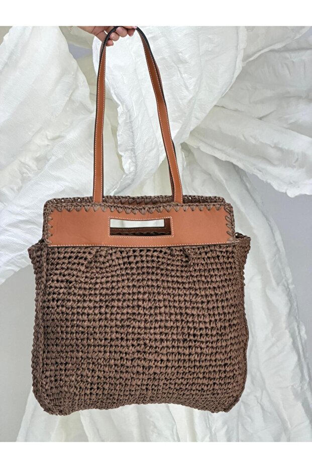 Leather Top Detailed Brown Straw Bag 40X45 Cnt1320