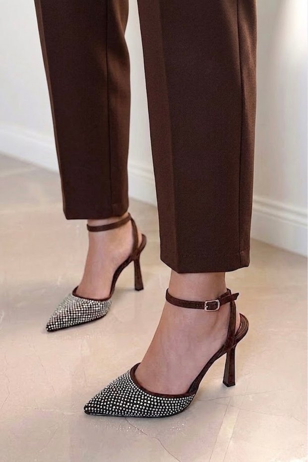 Venus Pointed Toe Open Back Stiletto Strappy Evening Dress Heeled Women's Shoes Bitter Brown Suede