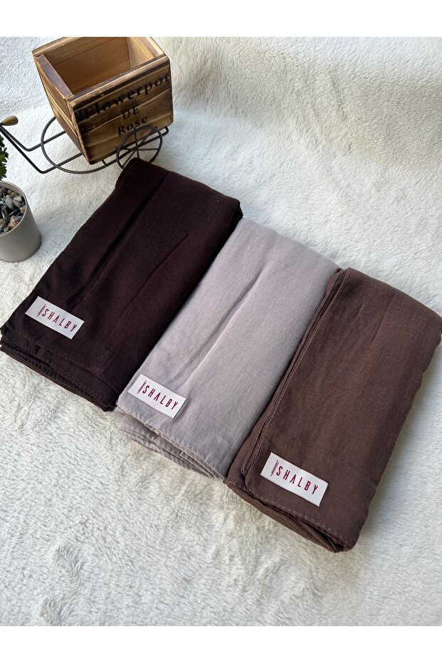 Hijab Plain Cotton Crash Shawl Set of 3 (Bitter Brown - Light Mink - Cappuccino)