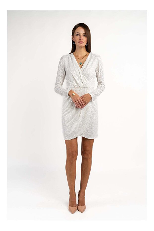 Sequenced Shimmery Draped Long Sleeve Dress in White