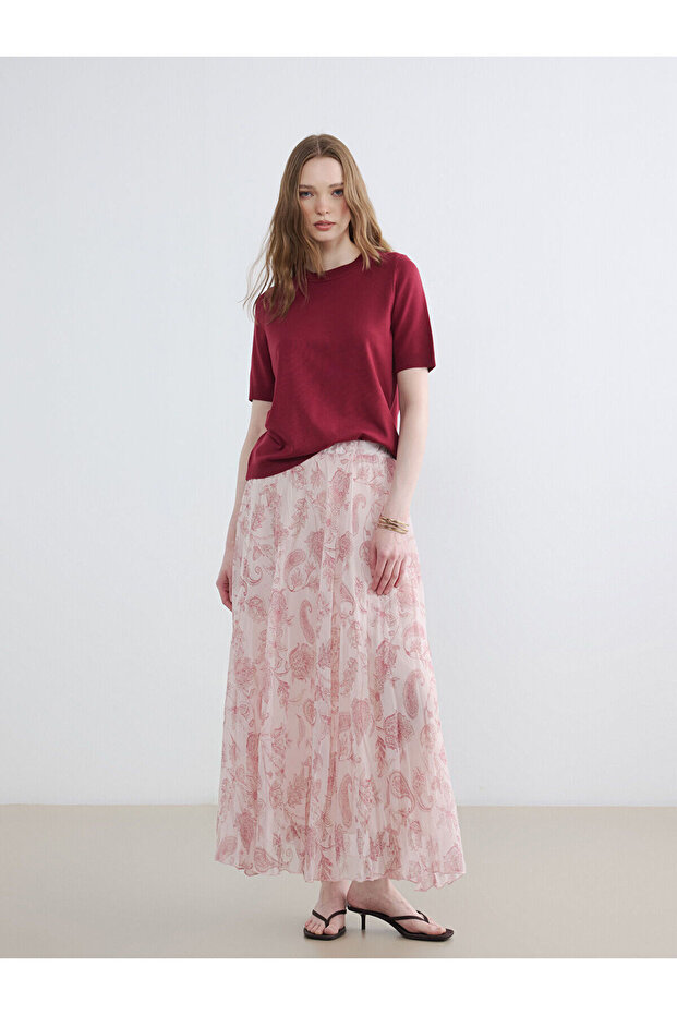 Original Elastic Waist Patterned Chiffon Pleated Skirt