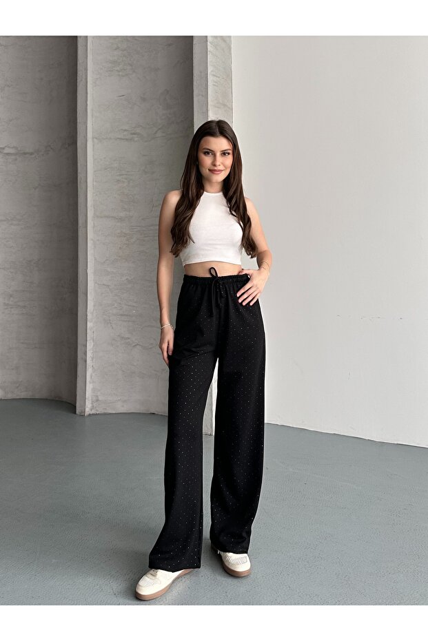 Women's Elastic Waist Glittery Wide Leg Sweatpants with Pockets 3054