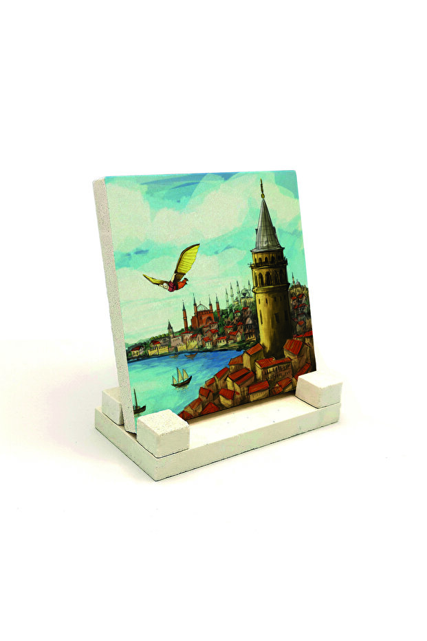 Galata Tower and Hezarfen Ahmet Çelebi's Flight Moment Printed Stone Tabletop Decoration 10X10 Krt-25