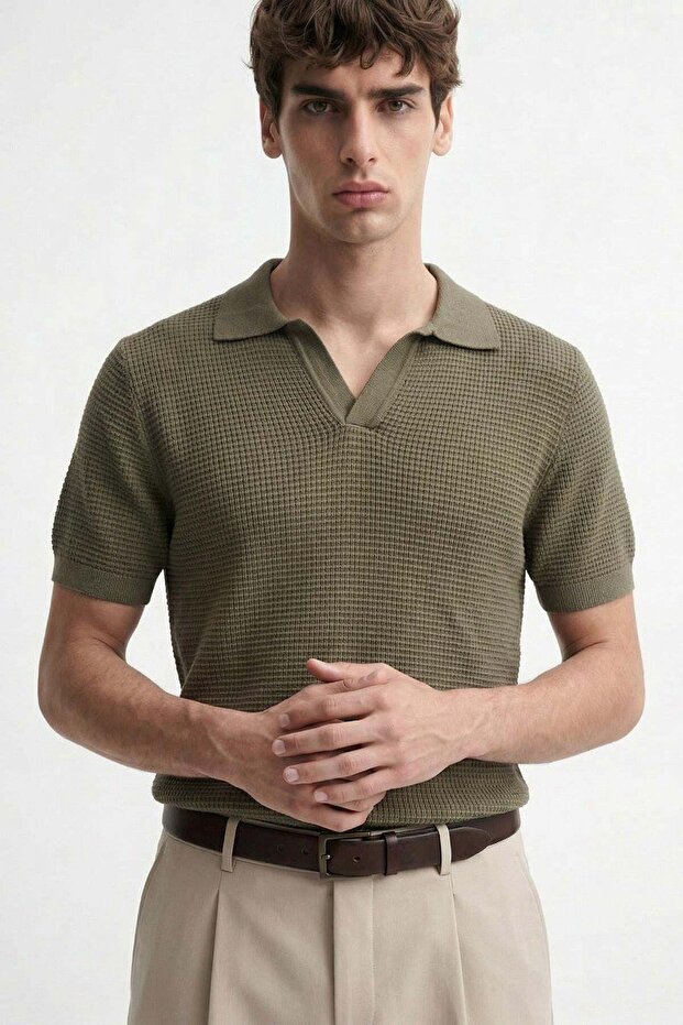 Khaki Textured Polo Collar Men's T-Shirt