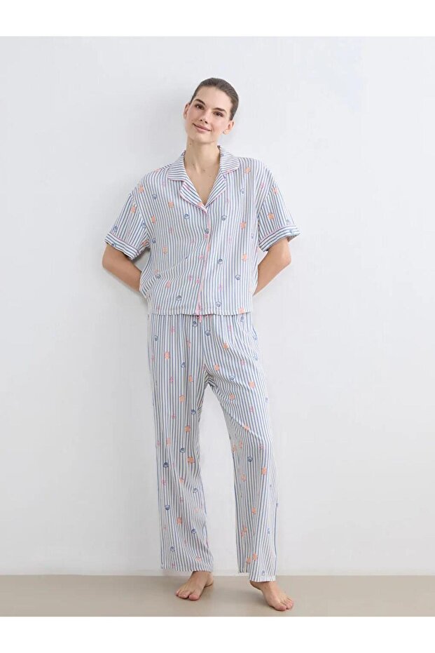 Shirt Collar Patterned Women's Pajama Set (S6)