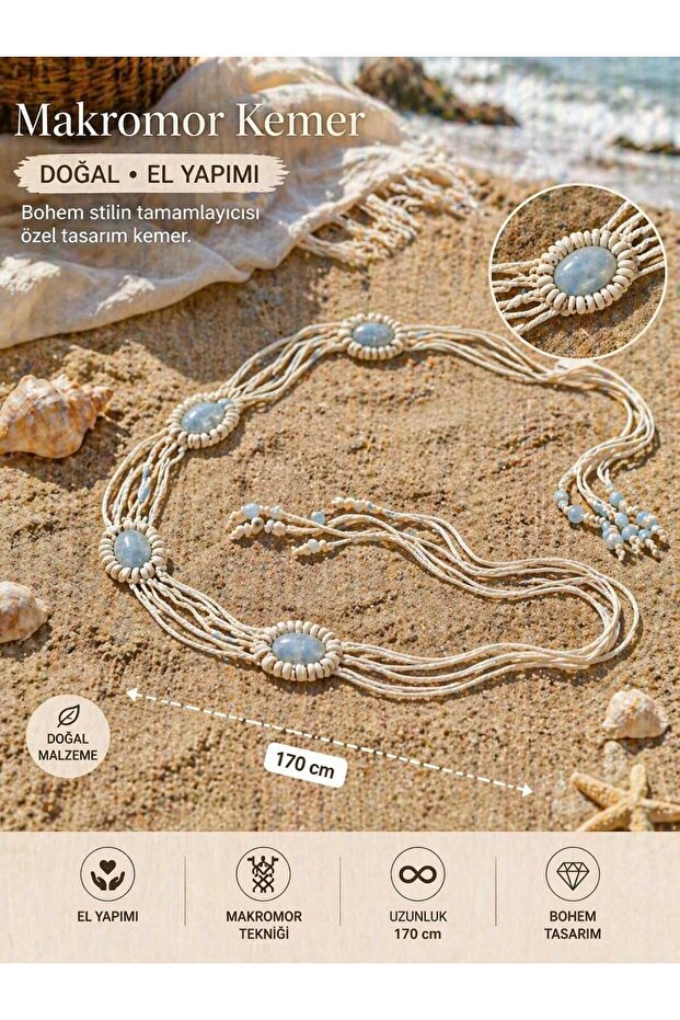Natural Handmade Belt with Candle Strings and Wooden Beads, 170 cm