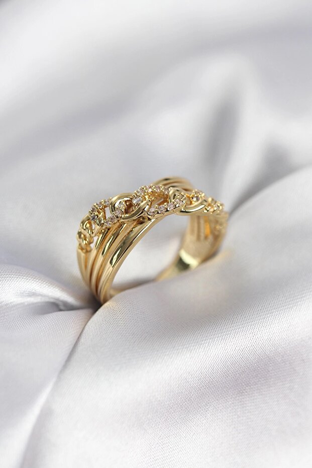 Gold Color Zircon Stone Chain Model Women's Ring