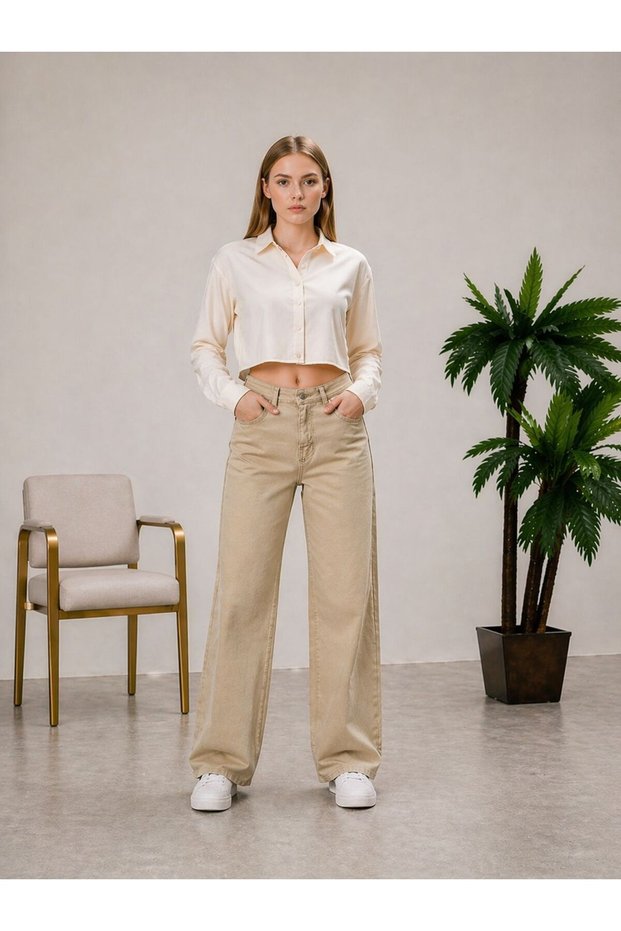 Women's High Waist Full Lycra Wide Leg Beige Jeans