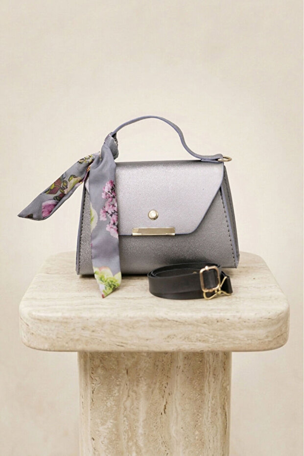 Scarf Detailed Hand and Shoulder Bag Gray