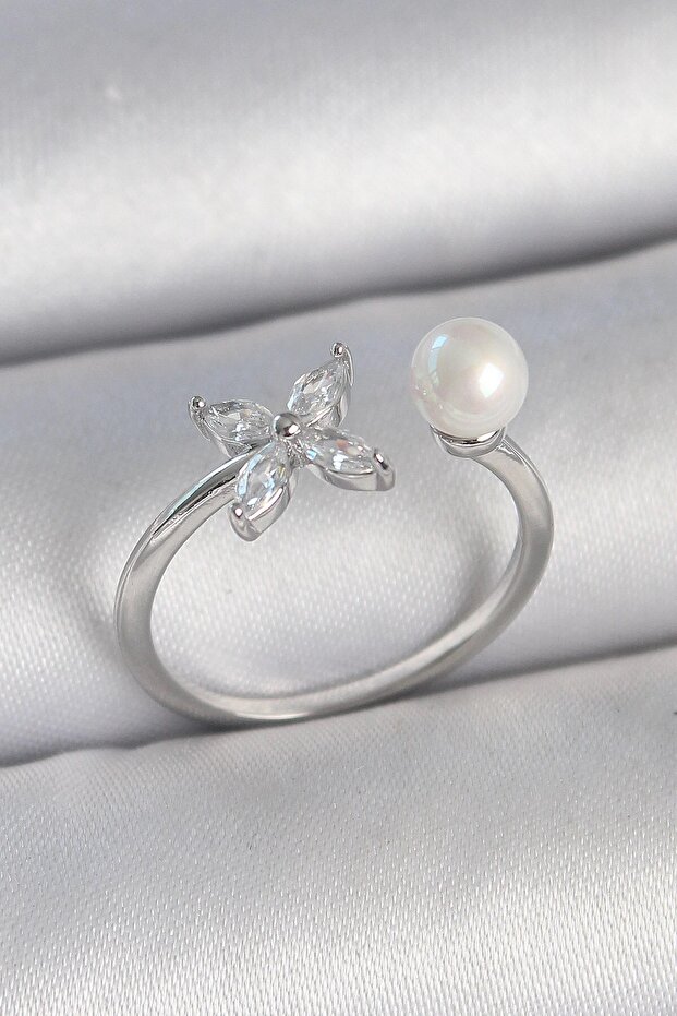 Brass Silver Color Zircon Stone Flower Model Pearl Detail Adjustable Women's Ring