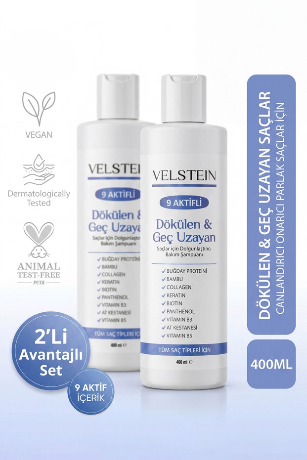 9 Active Ingredients Collagen and Keratin Anti-Hair Loss Fast Hair Growth Plumping Nourishing Shampoo Set of 2.