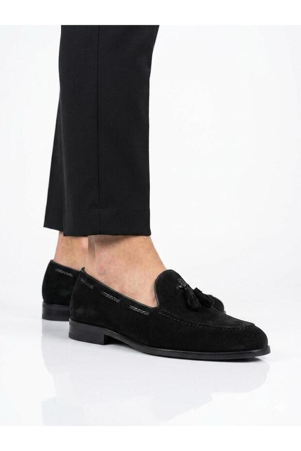 Men's Black Genuine Leather Loafer with Tassel Detail