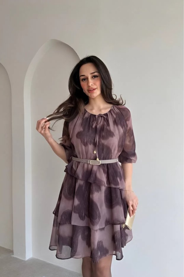 Women's Half Sleeve Skirt Layered Elastic Waist Belted Chiffon Fabric Short Dress