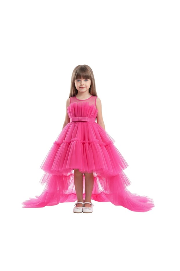 D' Daniela - Toddler Girls Bow Front Ruffle Hem Mesh Dress with Long Tail -Multicolor - 1Y to 12Y