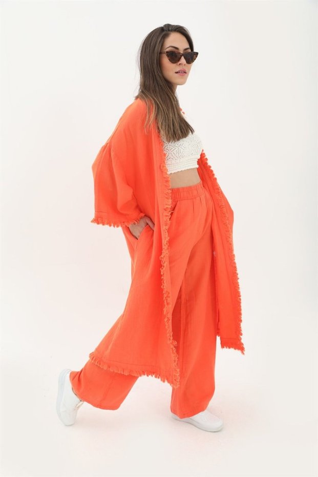Orange Tassel Detailed Elastic Waist Loose Leg Oversize Linen Kimono Trousers Double Set Islamic Clothing
