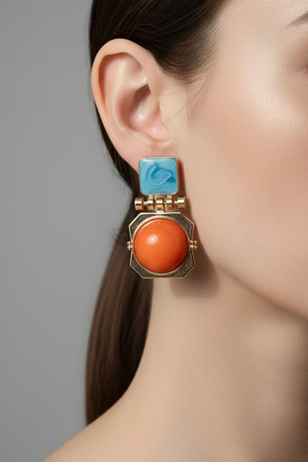 Gold Color Orange Enamel Earrings (4.5 cm)