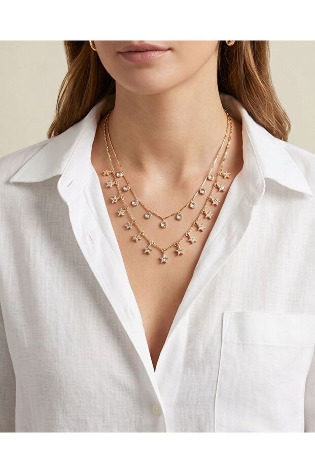 Star Detail Zircon Stone Double Row Necklace