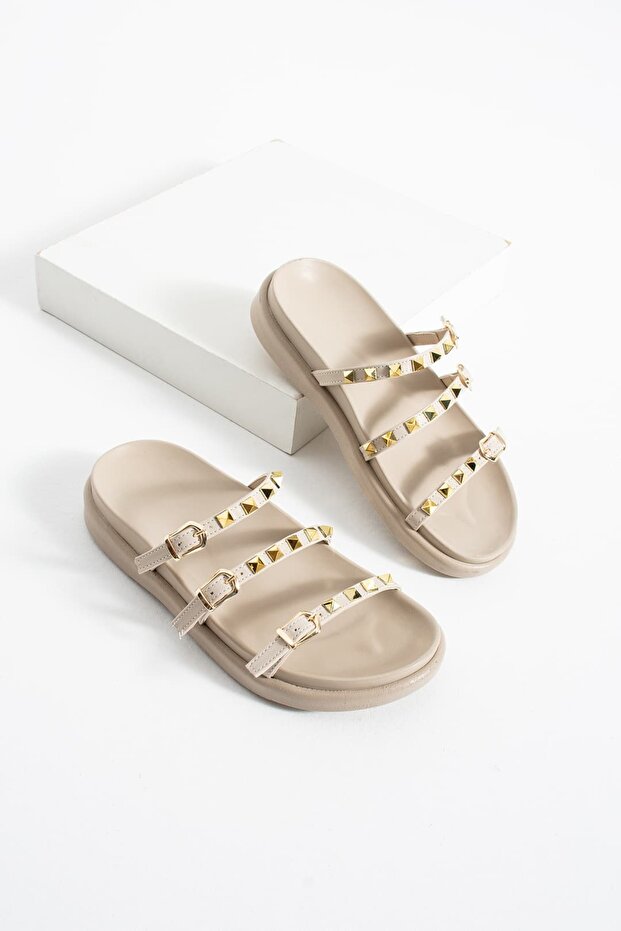 Beige Three-Stripe Buckle-Studded Women's Slippers – Stylish & Comfortable Daily Nules
