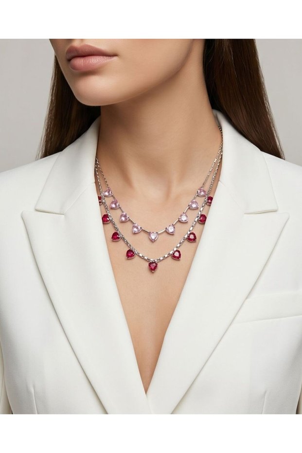 Heart-Detail Zircon Stone Double Row Eye-Catching Colorful Necklace