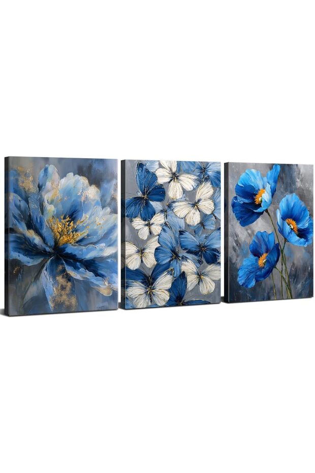 Signtouch Canva Floral Blue Gold Botanical Wrap Framed Wall Art 3-Piece 40x60 cm