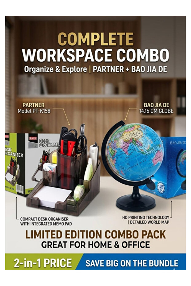 BAO JIA DE Globe World 14.16cm + Document Holder Desk Organizer 2 in 1 Set Office Table Organizer Series