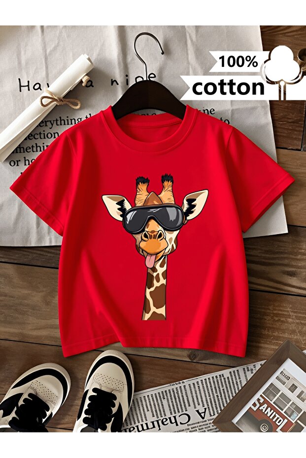 Giraffe Animal Printed 100% Cotton Premium T-Shirt with Crew Neck for Kids