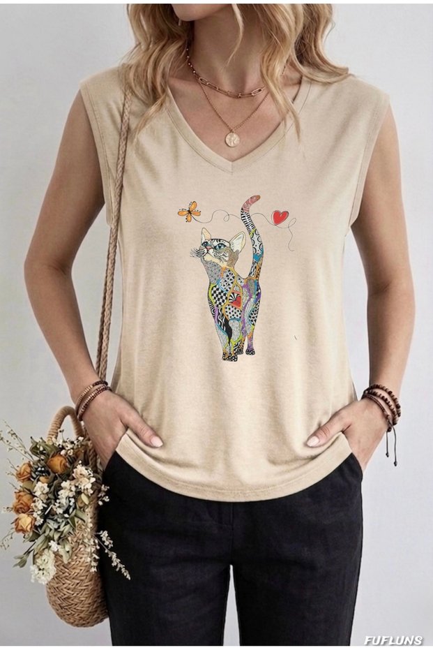 COLORFUL CAT-PRINTED WOMEN'S OVERSIZE SLEEVELESS T-SHIRT