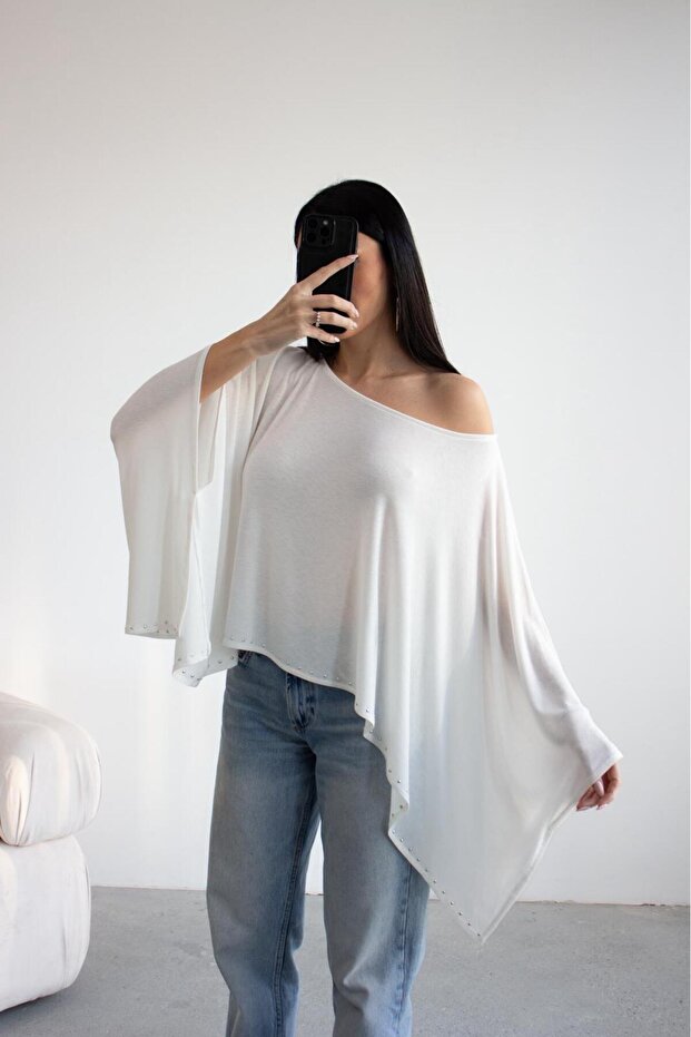Crep Women's Studded Cape Blouse – Stone Detailed Bat Sleeve Loose Fit Asymmetrical Blouse Ecru