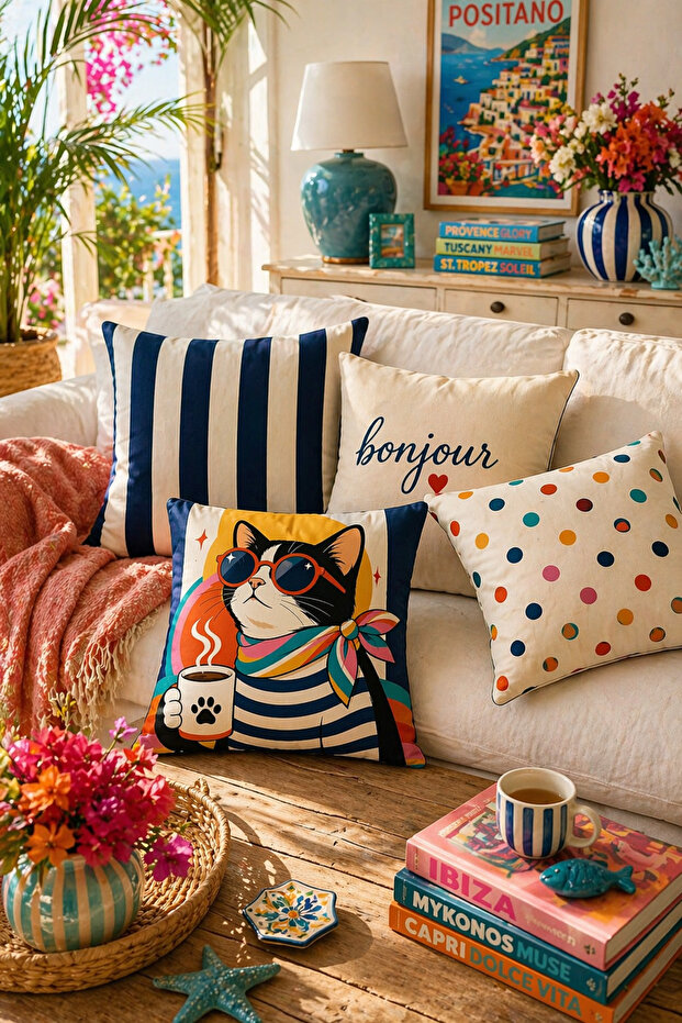 SasoHome Bonjour & Kedi Desenli Modern 4’lü Kırlent Seti Enerjik & Şık Salon Dekoru