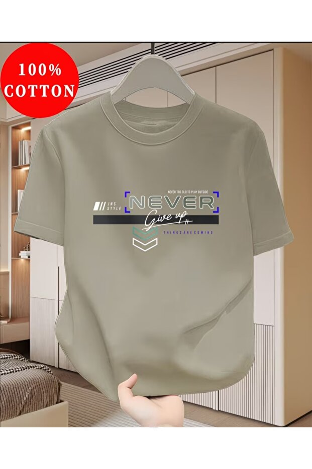 Cotton Men's T-Shirt - "Never Give Up" Printed Modern Design